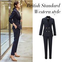 Blue striped suit suit womens formal Korean version casual British style fashion temperament suit two-piece business suit
