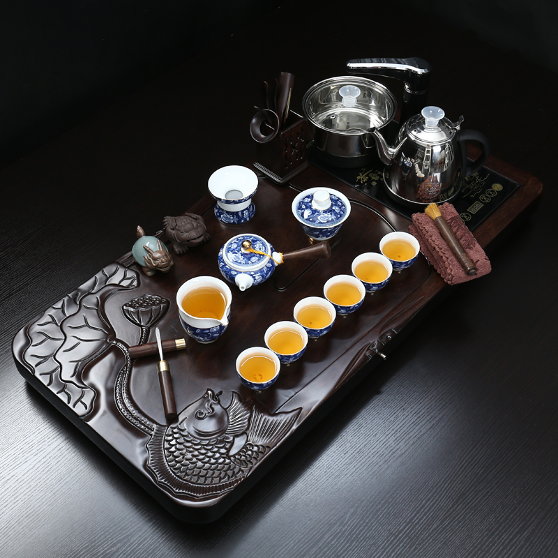 True sheng ebony wood tea tray tea set kung fu tea cups home a complete set of automatic teapot tea taking