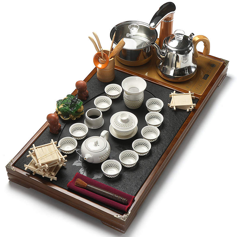 True to a complete set of tea set tea home sharply stone tea tray was solid wood blocks automatic induction cooker together