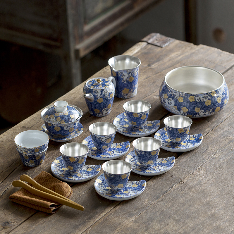 Really sheng household modern blue and white porcelain tea set suits for Chinese jingdezhen ceramics coppering. As silver teapot teacup gifts gift