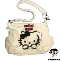 「POKERS」HELLOKITTY bone Katie cat heartbroken spray to make old cotton linen shoulder bag