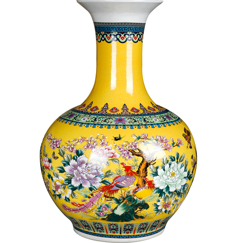 Jingdezhen ceramics yellow colored enamel big vase painting of flowers and household flower arrangement sitting room adornment rich ancient frame furnishing articles