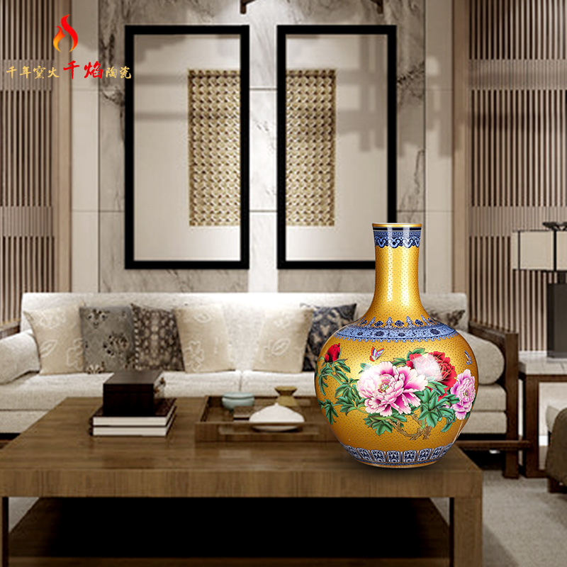 Jingdezhen ceramics vase golden pearl glaze peony new Chinese style household flower arranging rich ancient frame is placed in the living room