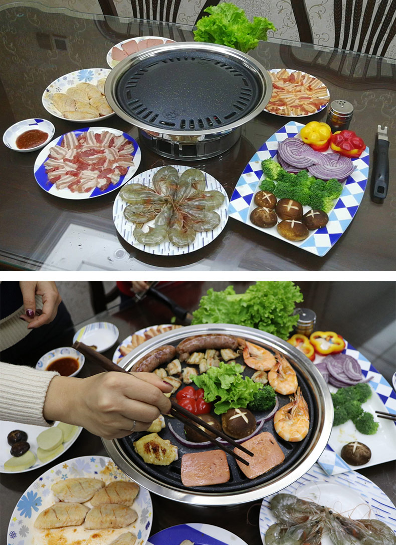 韩式烧烤盘炭火烧烤盘碳烤炉烤盘烤肉盘子麦饭石烤盘圆形商用不沾