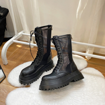 Hollowed-out Martin Boots Woman Summer Thin 2022 new mesh Yarn Cool Boots Breathable Midcylinder Boots Thick Undergenuine Leather Boots