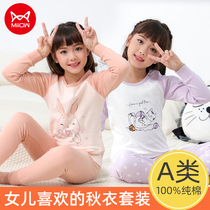 (basic bottoming) girls' long johns set pure cotton shoulder sleeves large children's thin cotton children's underwear