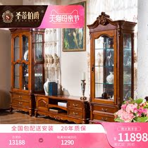 Luxurious American solid wood single double door wine cabinet living-room storage with pumping door glass display cabinet TV cabinet high short attached cabinet