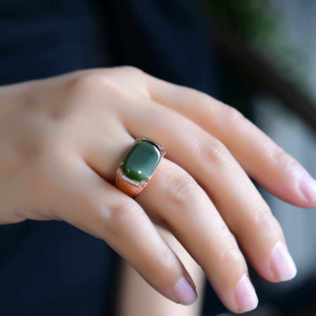 精品和田玉碧玉戒指起荧光黑猫眼指环 925银镶嵌男女款玉石戒指