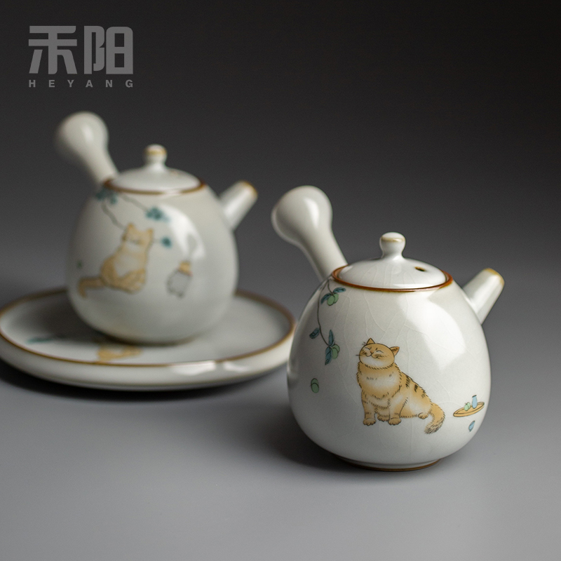 Send Yang your up slicing side pot home filtration ball teapot ceramic teapot Chinese kung fu tea set the cat