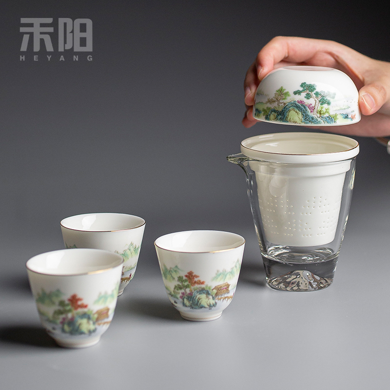 Send Yang glass crack a pot of three portable travel kung fu tea set ceramic tea, tea cup