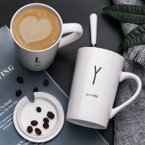Creative personality cup Ceramic mug with lid spoon drinking water trend couple men and women household milk coffee tea cup