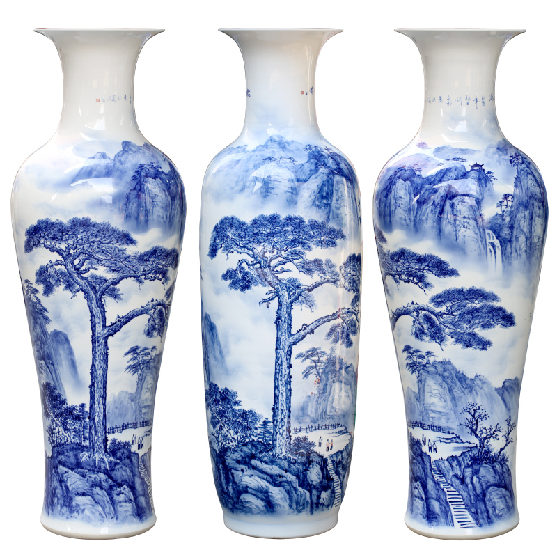 Jingdezhen ceramic floor living room big blue and white porcelain vase master hand draw large yards place ornament