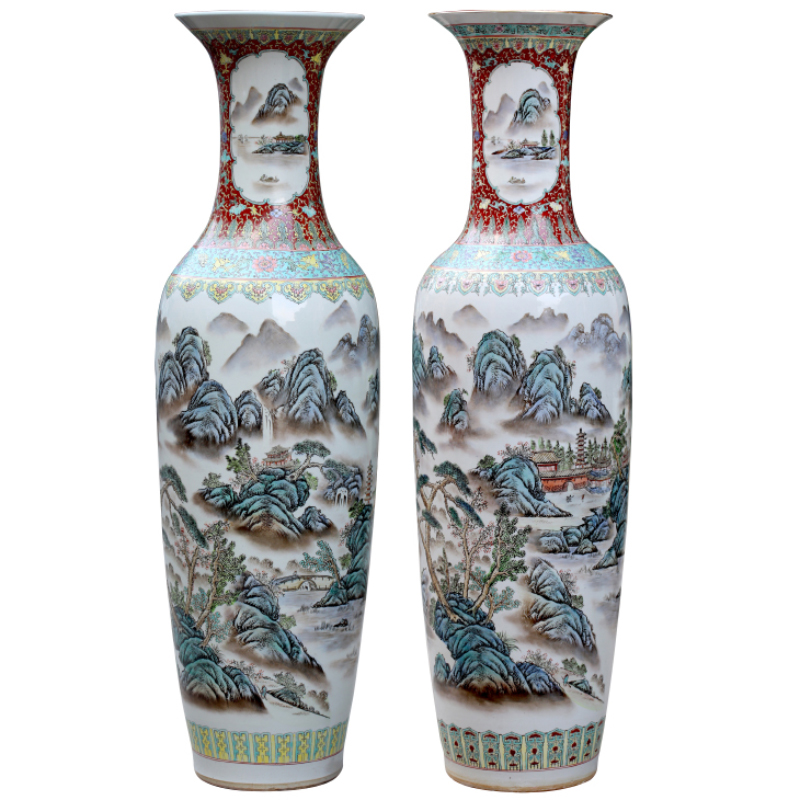 Jingdezhen ceramics antique hand - made landscape painting landing big vases, new Chinese style living room decorations furnishing articles