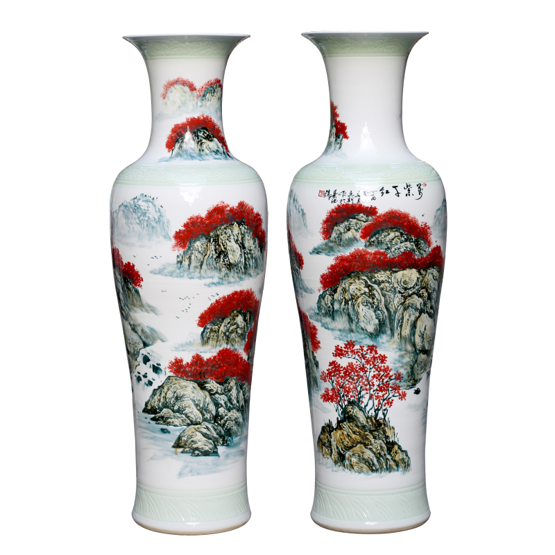 Jingdezhen ceramics big vase landed big place to live in the sitting room adornment of Chinese style red hand draw pastel landscape