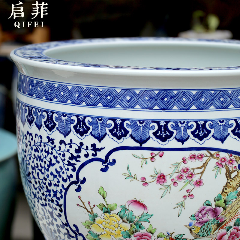 Jingdezhen blue and white porcelain figure goldfish bowl aquarium hand - made powder enamel tortoise cylinder lotus garden floor furnishing articles