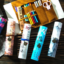 Nine years six classes Chinese style creative large capacity pen curtain roll pen bag Junior high school students simple net red boys and girls multi-functional small fresh pencil box Korean version kindergarten primary school students color lead stationery box