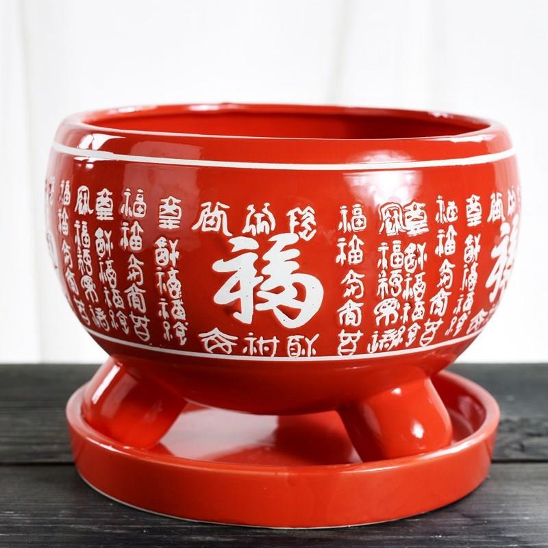 Red flower pot Red Red wanfu flowerpot ceramic tray bracketplant and indoor large - sized belt