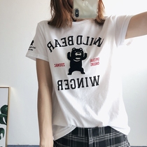Japanese single cost-effective goods Womens round neck letter printing cartoon patch embroidered slim short sleeve t-shirt