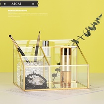 Oblique transparent glass storage box Classification lattice cosmetics storage jewelry box Desktop finishing beauty brush bucket
