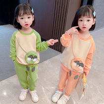 South Korean girls casual suit 2021 new spring clothing foreign air childrens pure cotton sweatshirt Two sets of children sportswear