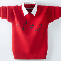 Childrens sweater with fleece thickened boy autumn and winter red boys childrens clothing to keep warm New Year