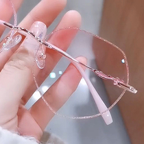 Myopia Sunglasses Womens Anti-Blue Diamonds No Frame Flash Pink Gold Silk Side Equipped With Degrees Small Red Book Display Slim Sunglasses