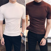 Semi-high neck knitwear men 2019 new Half sleeve coat half sleeve sweater men slim early Autumn Mid-sleeve base shirt