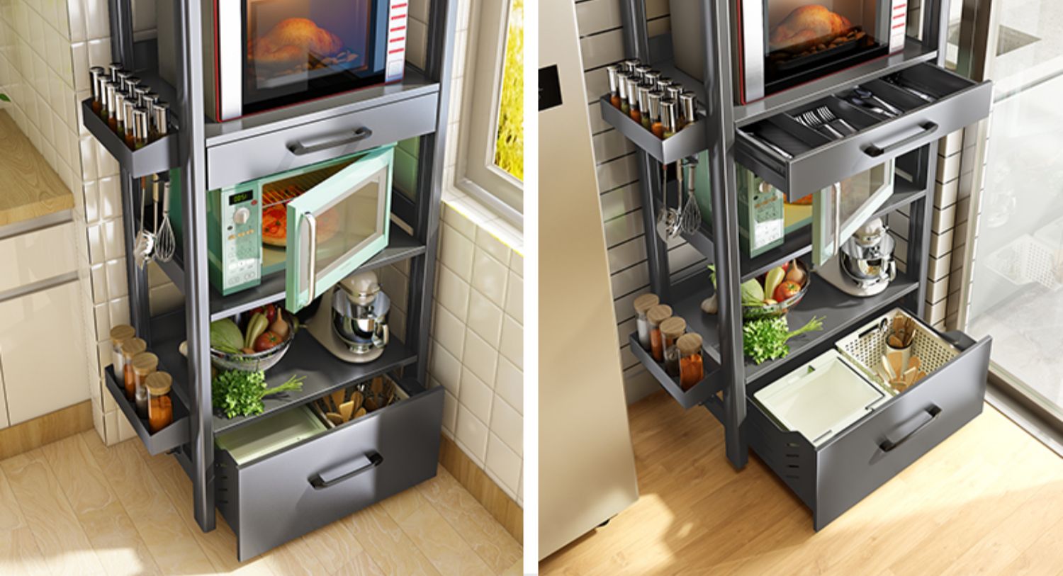 微波炉烤箱厨房置物架落地式多层收纳柜太空铝带抽屉锅具储物架子