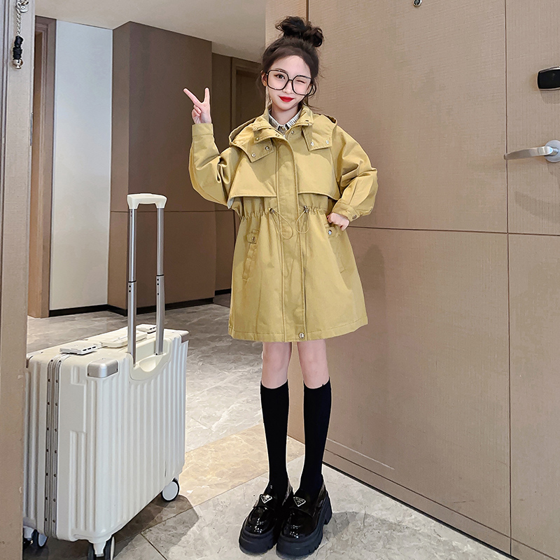 Girl Windcoat Jacket 2023 New Fashion Middle Long children Fall turmeric Color cashew Inron wearing hat blouses-Taobao