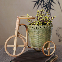 Three-wheeled small bamboo basket handmade rattan products desktop ornaments storage basket pen holder bamboo woven products creative crafts props