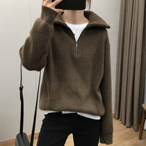 Half-open neck sweater womens autumn and winter Korean retro loose thick thin and versatile large lapel pullover sweater jacket