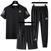 Three bars short sleeve T-shirt male three sets two sets summer sports casual speed dry ice silk long pants bunches shorts