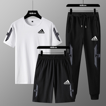 Pure cotton sports suit Amen Big code Summer thin section Long pants 23 pieces Loose Short Sleeves Shorts Casual di