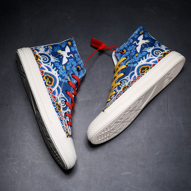 仙鹤鞋中国风手绘帆布鞋涂鸦鞋男鞋国潮鞋子男潮鞋鸳鸯鞋高帮板鞋