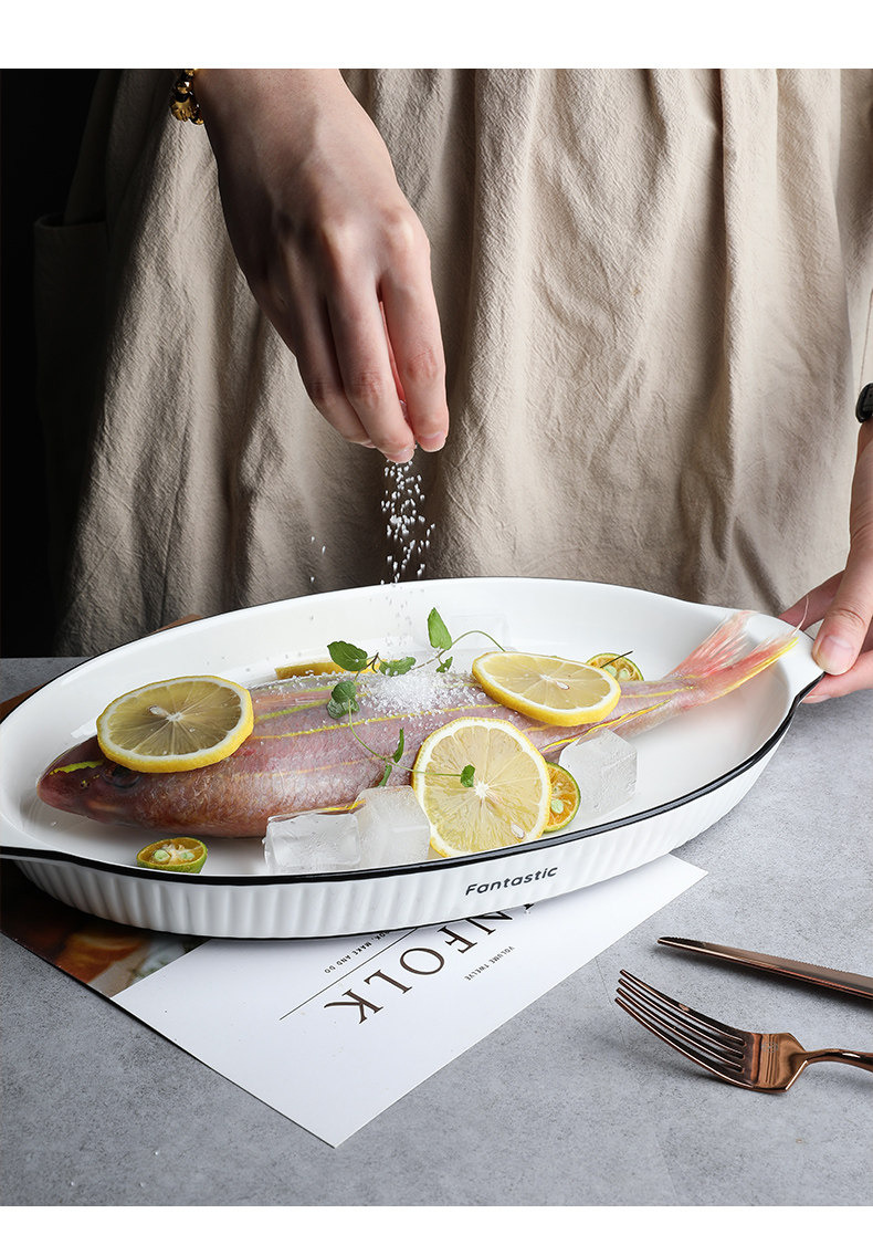 北欧创意蒸鱼盘子家用新款大号长方形陶瓷装鱼盘菜盘烤鱼盘餐盘