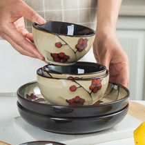 Dishes Ceramic tableware single household combination creative Chinese retro rice bowl noodle bowl soup bowl dish soup plate flat plate