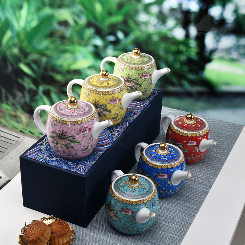 Colored enamel tea kettle ceramic household pure manual side pot of kung fu teapot little teapot girder single pot pot