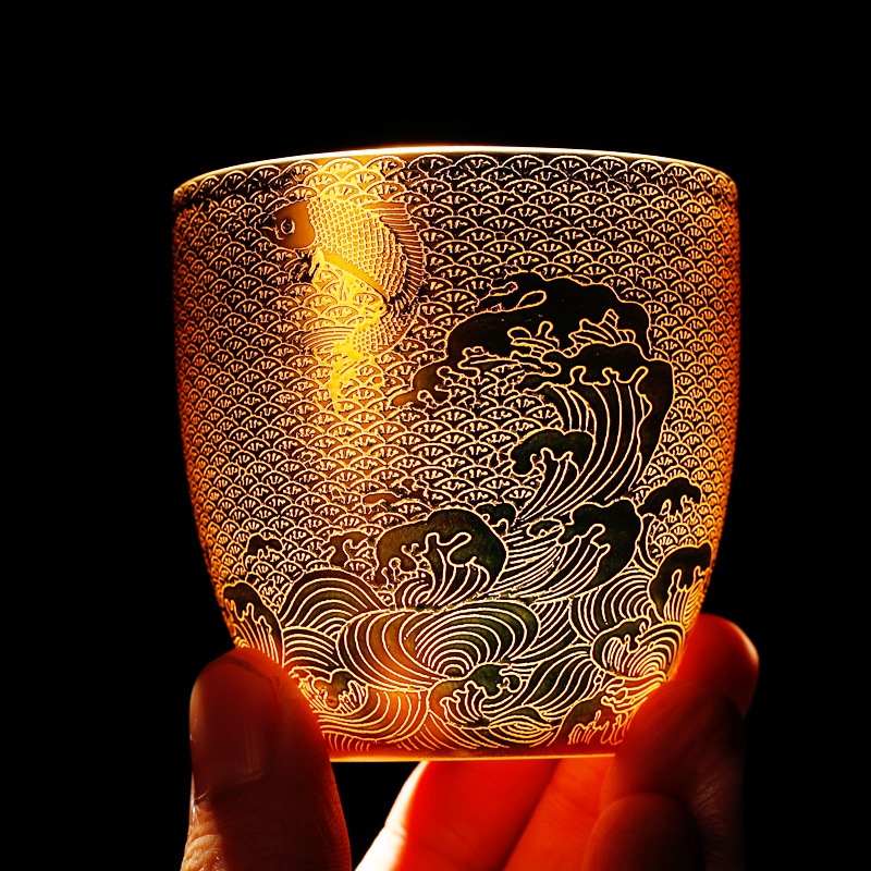 Gold suet jade ceramic boss kung fu tea cup, master cup cup single cup pure manual heart sutra cup and cup