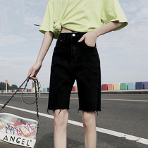 Tide brand summer thin denim shorts womens black pants Net red high waist loose elastic straight five-point riding pants