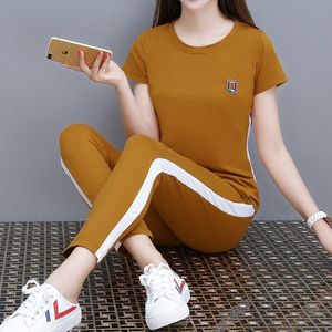休闲运动服套装女2021夏装新款韩版短袖九分裤大码宽松时尚两件套