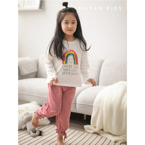 Bei Yan spring autumn childrens pajamas cotton plaid girl baby Korean cute long sleeve home clothing cotton suit