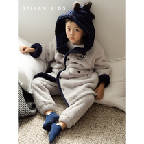 Beyan autumn winter flannel boys pajamas Korean cute cartoon childrens pajamas coral velvet home clothing set