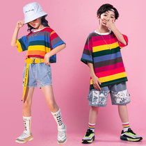Boys hip hop Girls hip hop suit Trendy striped jeans hiphop Korean version of childrens jazz dance performance clothing