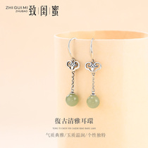 S925 sterling silver earrings womens 2019 new trendy long temperament Hetian jade earrings retro earrings high-end earrings
