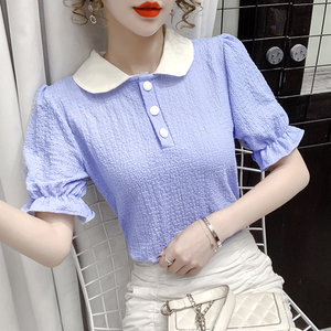 娃娃领衬衫女短袖2021年新款夏季韩版修身显瘦时尚洋气减龄上衣女