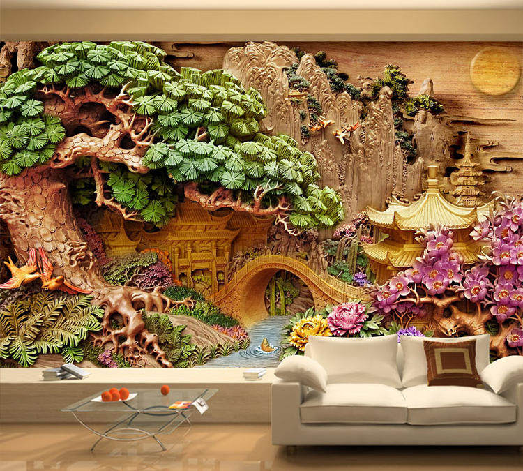 8d浮雕黄金长城山水风景墙布客厅壁纸电视背景墙纸卧室立体壁画
