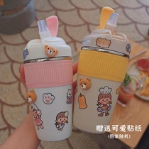 Simple cute small portable thermos cup students high value Net red water cup with straw dual-purpose water Cup cartoon