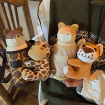 Cartoon cute children thermos cup 316 food grade baby water Cup plush with straws dual purpose kindergarten kettle