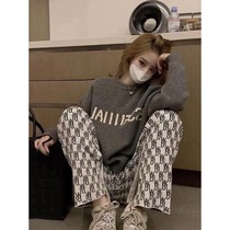Gushed thickened tracksuit grey letters knitted sweater pants Two suits 2022 Early spring new womens clothing