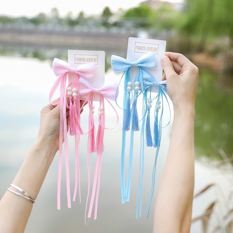 Antique blue and white porcelain of the big bowknot tassel ribbon hair Chinese wind restoring ancient ways hanfu hairpin children adult headdress